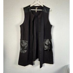 Comfy USA Womens Open Front Cardigan Sweater Vest XL Black Faux Leather Accents